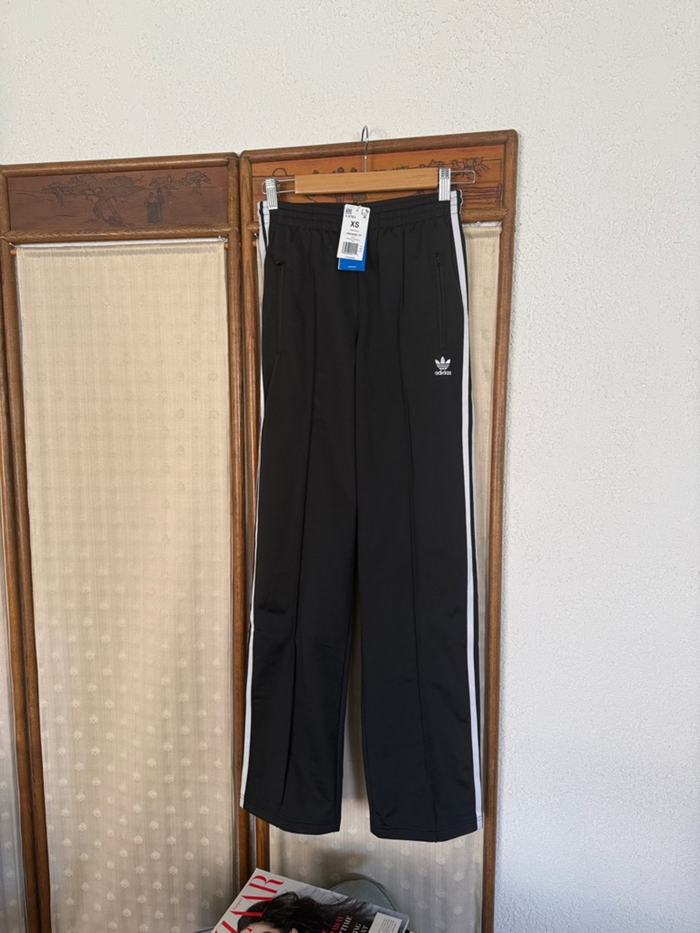 Adidas firebird Black Track Pants with White Stripes and Trefoil